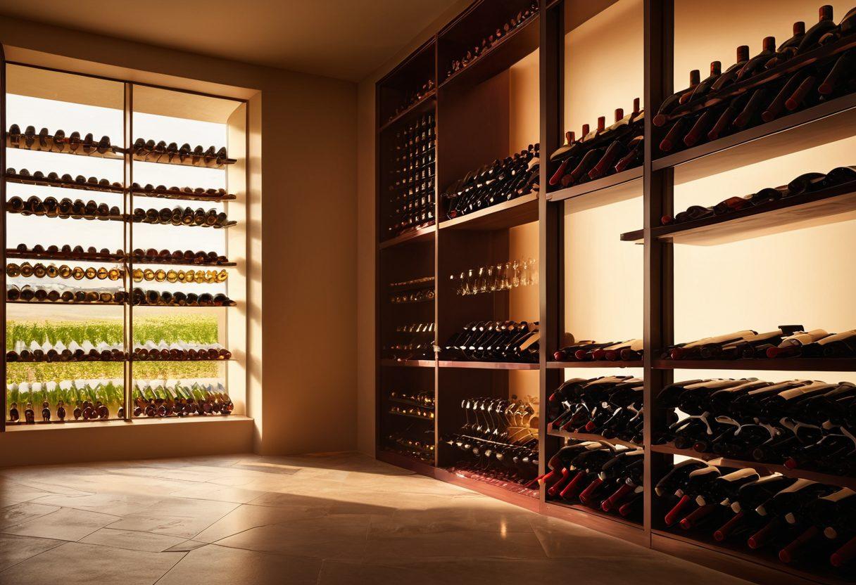 A sophisticated wine cellar with elegant shelves displaying a variety of wine bottles, illuminated by soft, golden light. In the foreground, a glass of red wine reflecting the light and a stack of financial reports beside it, symbolizing the intersection of luxury and investment. A subtle backdrop of vineyards through a window, suggesting growth and abundance. super-realistic. warm tones. elegant composition.