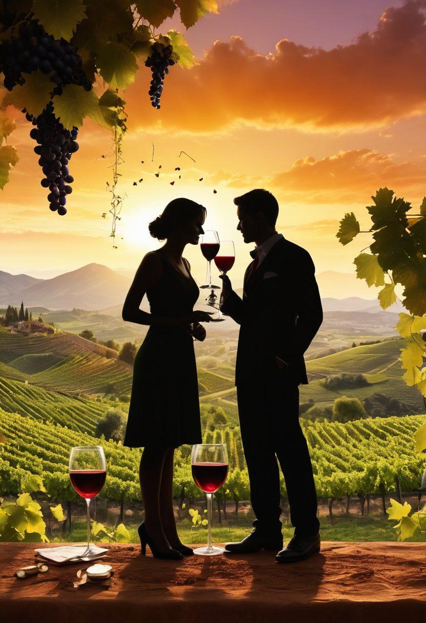 A lush vineyard with ripe grapes cascading from the vines, intertwining with currency symbols like dollars and euros. A silhouette of a couple toasting with wine glasses, set against a sunset backdrop that symbolizes growth and prosperity. Incorporate elements of a financial graph subtly in the landscape, emphasizing the connection between wine and wealth. vibrant colors. super-realistic.