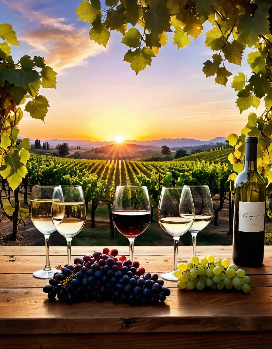 A luxurious vineyard scene at sunset, showcasing rows of grapevines bursting with ripe grapes. In the foreground, a wooden table adorned with elegant wine bottles and crystal glasses, reflecting the hues of the evening sky. Subtle hints of financial growth, like small green shoots sprouting among the vines and dollar bills tucked among the grapes. The atmosphere is warm, inviting, and prosperous. super-realistic. vibrant colors. white background.